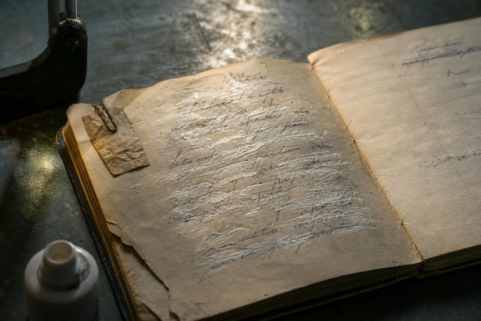 Cahier de comptoir usé ouvert sur une page raturée, avec un flacon de correcteur blanc et une agrafe rouillée posés à côté