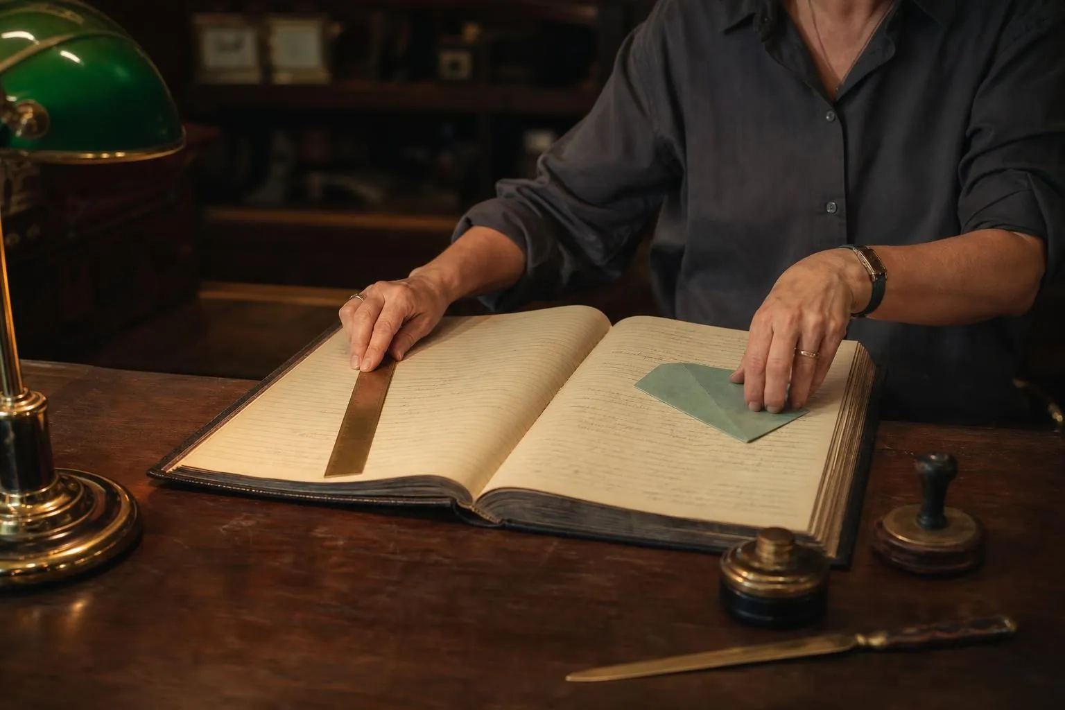 Registre relié ouvert sur un comptoir, pages à réglures horizontales et colonnes tracées à la règle sous une lampe à abat jour