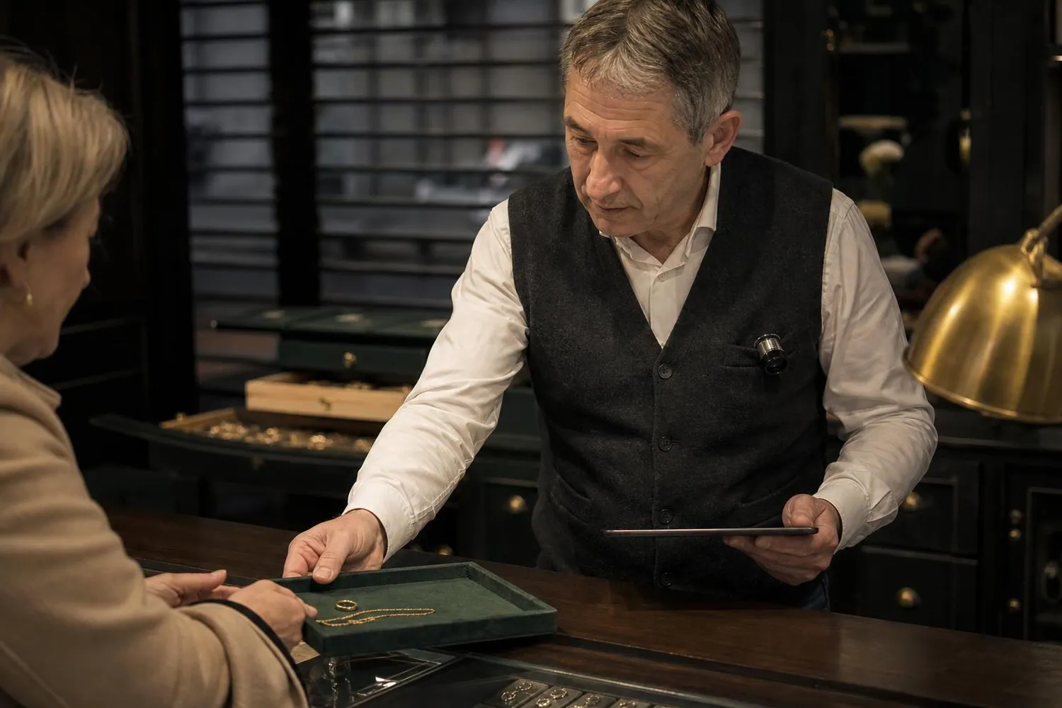 Bijoutier en gilet sombre notant les références d’un bijou sur une tablette pendant qu’une cliente pose une chevalière sur un plateau de feutre