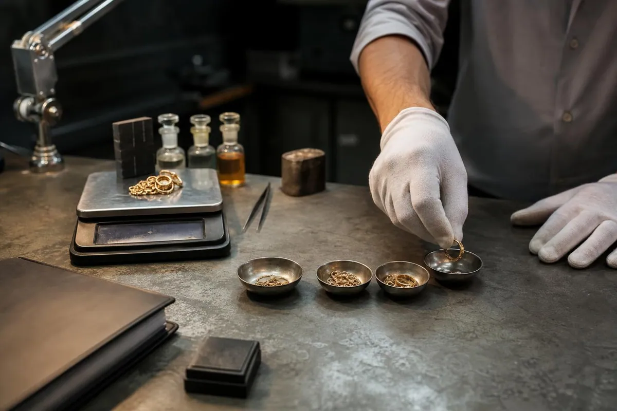Plan de travail d’un comptoir d’achat d’or avec une balance de précision, une pierre de touche, des flacons d’acide et des lots de bijoux triés dans des coupelles